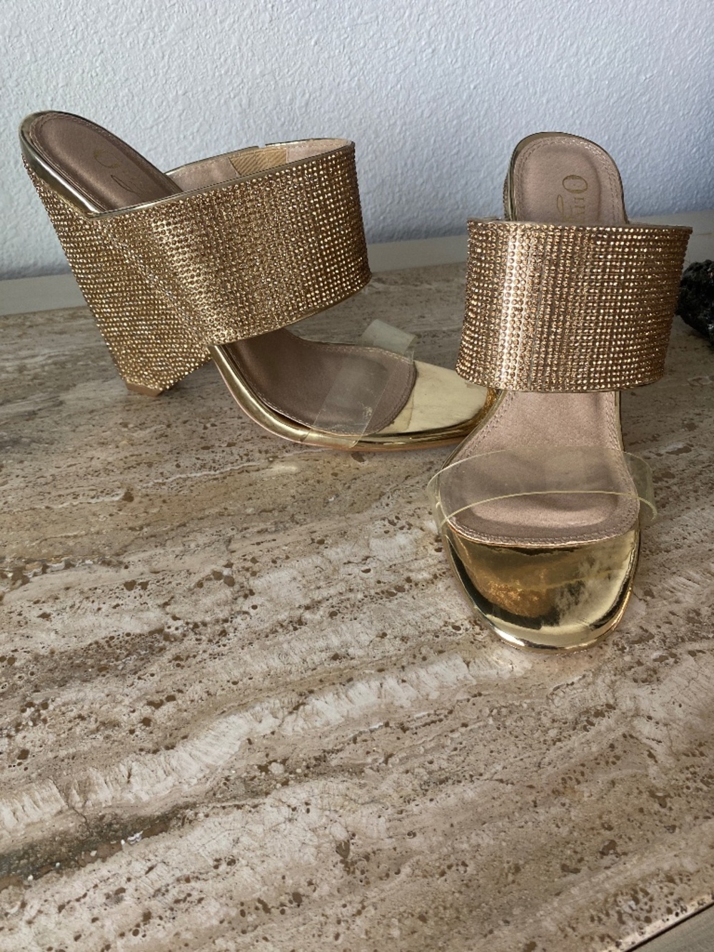 Olivia Ferragamo Gold Wedges - Gold Rhinestone Strap &  Clear Strap - Size 10 -